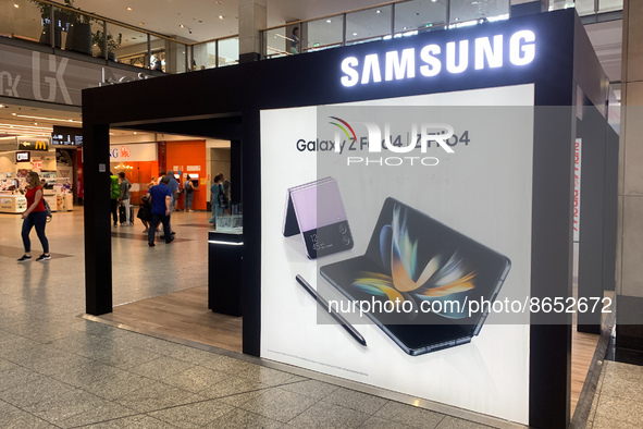 Samsung booth is seen at the shopping mall in Krakow, Poland on August 11, 2022. 