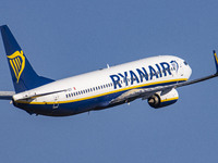 Ryanair Boeing 737-800 aircraft as seen departing from the Dutch airport Eindhoven EIN. The airplane is spotted during the taxiing, take off...