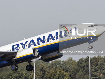 Ryanair Boeing 737-800 aircraft as seen departing from the Dutch airport Eindhoven EIN. The airplane is spotted during the taxiing, take off...