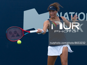 Toronto, ON, Canada - August 7, 2022: Tatjana Maria (GER) plays against Marie Bouzkova (CZE) during the qualifying match of the National Ban...