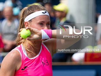 Toronto, ON, Canada - August 7, 2022: Marie Bouzkova (CZE)  plays against Tatjana Maria (GER) during the qualifying match of the National Ba...