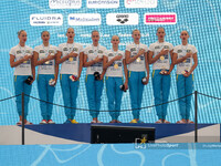 Ukrainian national anthem during the Syncro European Acquatics Championshis - Artistic Swimming (day1) on August 11, 2022 at the Foro Italic...