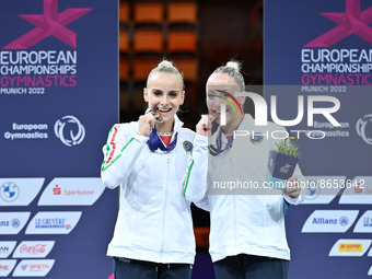 Asia D'Amato (Gold Medal All Around) with Martina Maggio (Bronze Medal All Around) Italy
 during the Gymnastics European Women's Artistic G...