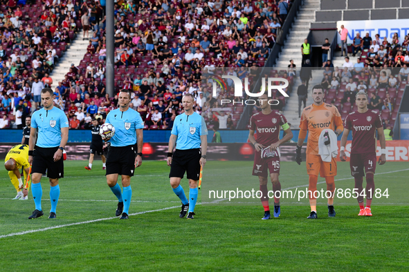 Players and referees entering the pitch for UEFA Europa Conference League, 3rd preliminary round: CFR Cluj v. Şahtior Soligorsk, 11 August 2...