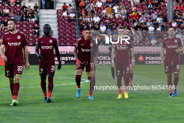 Players of CFR Cluj entering the pitch during UEFA Europa Conference League, 3rd preliminary round: CFR Cluj v. Şahtior Soligorsk, 11 August...