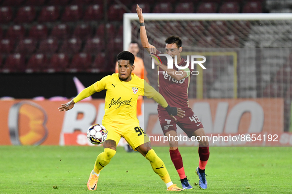 Mario Camora in action against Vitor Feijao during UEFA Europa Conference League, 3rd preliminary round: CFR Cluj v. Şahtior Soligorsk, 11 A...