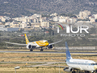 Scoot Boeing 787 Dreamliner aircraft as seen flying, landing and taxiing at the Athens International Airport Eleftherios Venizelos ATH at th...