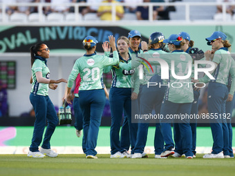 LONDON ENGLAND - AUGUST  11 : Ryana MacDonald-Gay celebrates the wicket of Jamimah Rodrigues of Northern Supercharges Women 
 during The Hun...