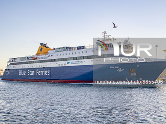 Blue Star Paros, the ferry of Blue Star Ferries is entering and docking at the Port of Piraeus carrying passengers from Cyclades islands, Ae...