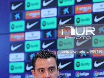 Xavi Hernandez during the press conference before the first match of the 2022-23 Liga Santander against Rayo Vallecano, in Barcelona, on 12t...