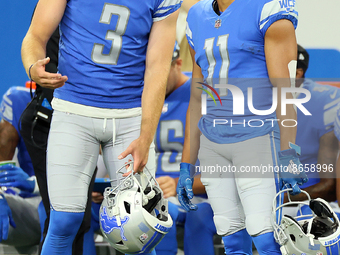 Punter Jack Fox (3) of the Detroit Lions talks with wide receiver Kalif Raymond (11) of the Detroit Lions on the sidelines during an NFL pre...