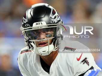 Quarterback Marcus Mariota (1) of the Atlanta Falcons calls a play at the line of scrimmage during an NFL preseason football game between th...