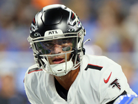 Quarterback Marcus Mariota (1) of the Atlanta Falcons calls a play at the line of scrimmage during an NFL preseason football game between th...