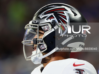 Quarterback Marcus Mariota (1) of the Atlanta Falcons walks on the field after making a touchdown during an NFL preseason football game betw...
