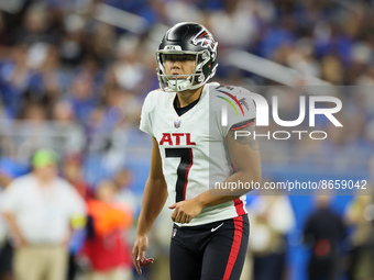 Place kicker Younghoe Koo (7) of the Atlanta Falcons follows his kick for the extra point during an NFL preseason football game between the...
