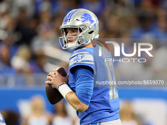 Quarterback Tim Boyle (12) of the Detroit Lions looks to pass the ball during an NFL preseason football game between the Detroit Lions and t...