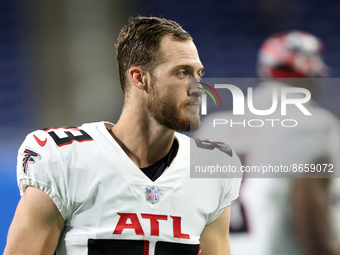 Atlanta Falcons wide receiver Jared Bernhardt (83) walks off field after an NFL preseason football game against the Detroit Lions in Detroit...