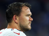 Offensive tackle Jake Matthews (70) of the Atlanta Falcons looks on from the sidelines during an NFL preseason football game between the Det...