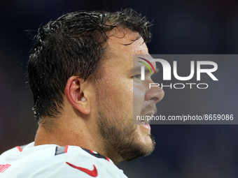 Offensive tackle Jake Matthews (70) of the Atlanta Falcons looks on from the sidelines during an NFL preseason football game between the Det...