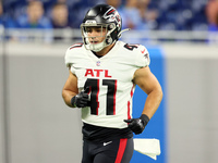 Tight end John Raine (41) of the Atlanta Falcons runs on the field during an NFL preseason football game between the Detroit Lions and the A...