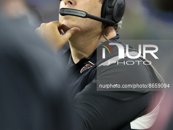 Atlanta Falcons head coach Arthur Smith follows the play during the second half of an NFL preseason football game against the Detroit Lions...