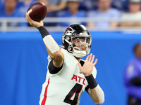 Quarterback Desmond Ridder (4) of the Atlanta Falcons passes the ball during an NFL preseason football game between the Detroit Lions and th...