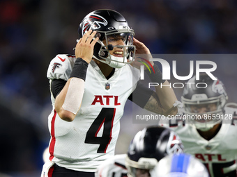 Atlanta Falcons quarterback Desmond Ridder (4) gestures at the line before the snap during the second half of an NFL preseason football game...