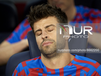 Gerard Pique of Barcelona sitting on the bench during the La Liga Santander match between FC Barcelona and Rayo Vallecano at Spotify Camp No...