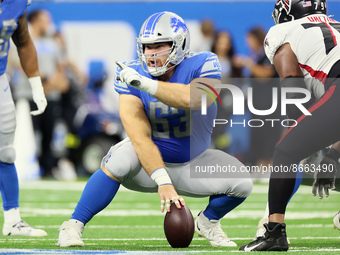 Center Evan Brown (63) of the Detroit Lions signals at the line of scrimmage during an NFL preseason football game between the Detroit Lions...