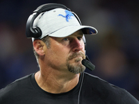 Head coach Dan Campbell of the Detroit Lions looks on from the sidelines during an NFL preseason football game between the Detroit Lions and...