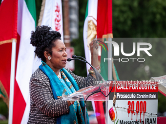 Rep. Sheila Jackson Lee (D-TX) speaks at a photo exhibition in front of the Capitol memorializes the victims of Iran's 1988 massacre of thou...
