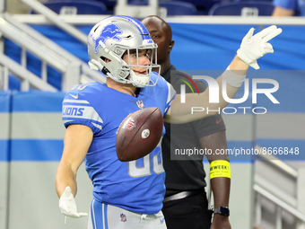 Wide receiver Tom Kennedy (85) of the Detroit Lions reacts after a play during an NFL preseason football game between the Detroit Lions and...