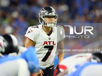 Place kicker Younghoe Koo (7) of the Atlanta Falcons prepares to kick during an NFL preseason football game between the Detroit Lions and th...