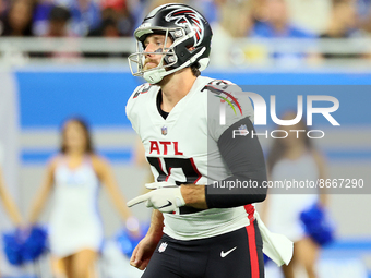 Punter Bradley Pinion (13) of the Atlanta Falcons runs on the field after punting to the Detroit Lions during an NFL preseason football game...