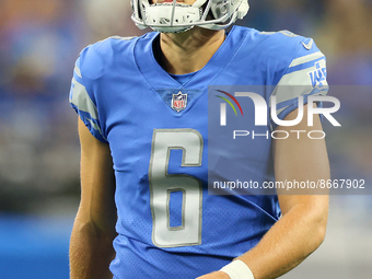 Place kicker Riley Patterson (6) of the Detroit Lions follows his kick during an NFL preseason football game between the Detroit Lions and t...