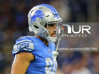 Tight end Shane Zylstra (84) of the Detroit Lions walks on the field during an NFL preseason football game between the Detroit Lions and the...