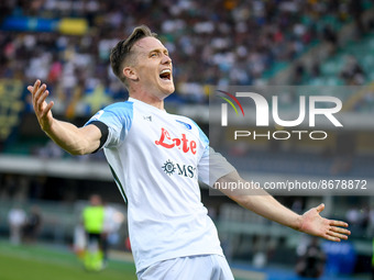 Napoli's Piotr Zielinski celebrates after scoring a goal during the italian soccer Serie A match Hellas Verona FC vs SSC Napoli on August 15...