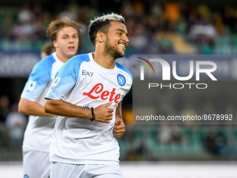 Napoli's Adam Ounas portrait celebrating during the italian soccer Serie A match Hellas Verona FC vs SSC Napoli on August 15, 2022 at the Ma...