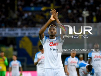 Napoli's Victor Osimhen portrait greeting fans during the italian soccer Serie A match Hellas Verona FC vs SSC Napoli on August 15, 2022 at...