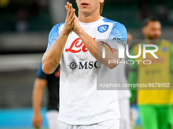 Napoli's Alessio Zerbin portrait greeting fans during the italian soccer Serie A match Hellas Verona FC vs SSC Napoli on August 15, 2022 at...