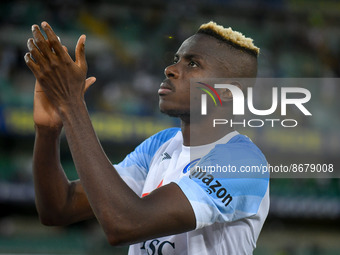 Napoli's Victor Osimhen portrait greeting supporters during the italian soccer Serie A match Hellas Verona FC vs SSC Napoli on August 15, 20...