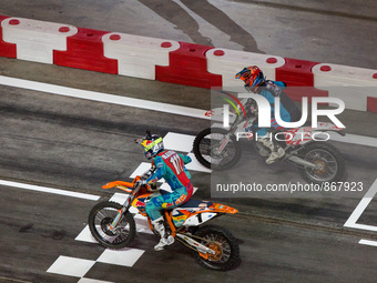 Motocross race during the VERVA Street Racing at the National Stadium on October 24, 2015 in Warsaw, Poland. (