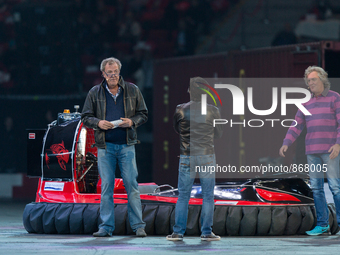 Jeremy Clarkson, Richard Hammond and James May during the Clarkson, Hammond & May Live show at the National Stadium on October 24, 2015 in W...