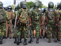 Sri Lankan military stands guard during the Inter-University Student Federation protest against the government of President Ranil Wickremesi...