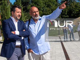 League leader Matteo Salvini meets with Lazio regional councillor Sergio Pirozzi (Lega). Pirozzi, was mayor of Amatrice during the earthquak...