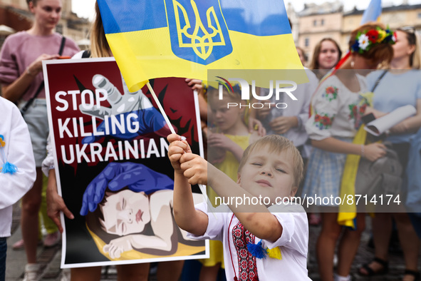 People attend a demonstration on Independence Day of Ukraine in Krakow, Poland on  August 24, 2022. The day marks the 31st anniversary of Uk...