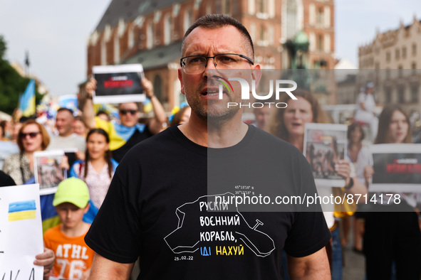 Viacheslav Voinarovskyi, Consul General of Ukraine in Krakow, attends a demonstration on Independence Day of Ukraine in Krakow, Poland on  A...