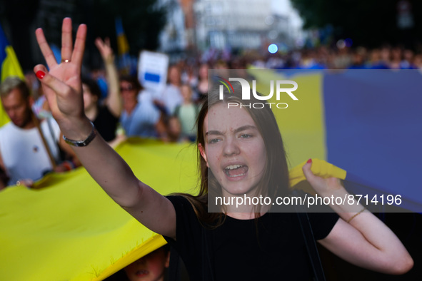 A young woman attends a demonstration on Independence Day of Ukraine at the Main Square in Krakow, Poland on  August 24, 2022. The day marks...