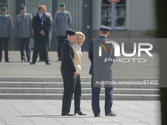 German Minister of Defense Ursula von der Leyen welcomes the Norway Minister of Defense Eriksen Soreide with military honer on April 22, 201...