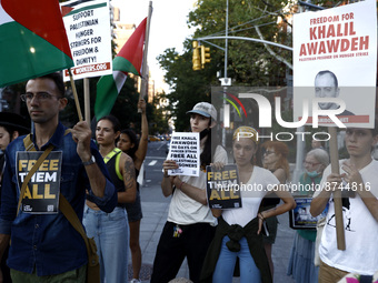 People rally with flags and signs demanding the release of Palestinian prisoner  Khalil Awawdeh, in Washington Square Park on August 29, 202...